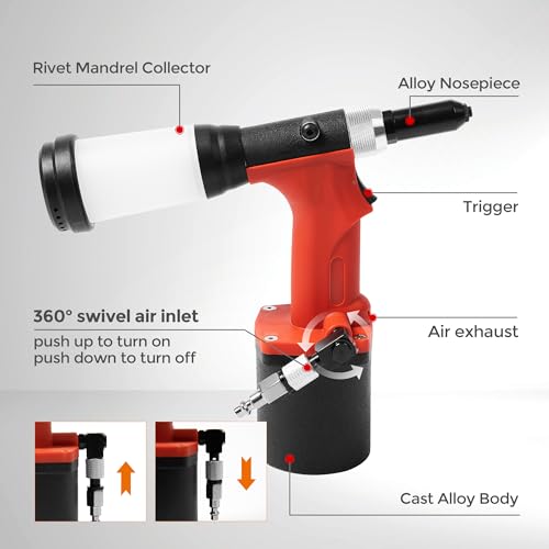 UPWOOD Pneumatic Hydraulic Pop Rivet Gun, Self-Suction Air Riveter Riveting Tool with 100 pcs Blind Rivets and 3/32" 1/8" 5/32" 3/16" Nose Pieces - WoodArtSupply