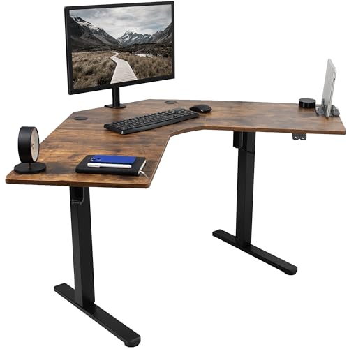 VIVO Electric Height Adjustable L-Shaped 47 x 47 inch Standing Desk, Rustic Vintage Brown Corner Table Top, Black Frame, Stand Up Workstation,