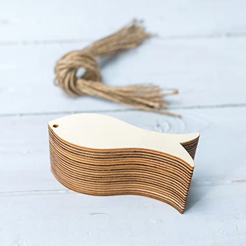 Mini Fish Hanging Wood Sea Fish Shape Unfinished Wood with Twines DIY Craft Ornament for Christmas Wedding Birthday Birthday Sea Theme Party Lamantery
