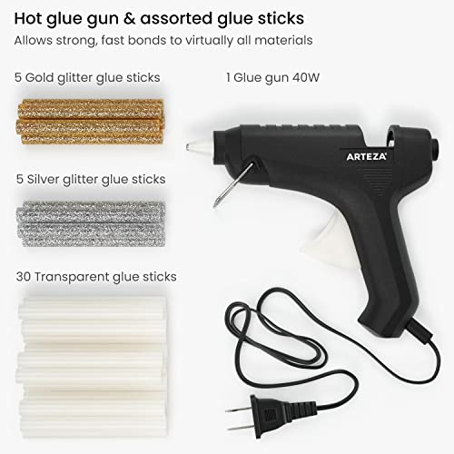 Arteza Glue Gun, 40W, 30 Clear and 10 Glitter Glue Sticks, Built-in Stand, Arts & Crafts and Scrapbooking Supplies - WoodArtSupply