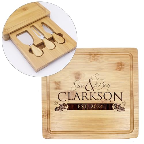 Customized Cheese Cutting Board and Serving Tray and Knife Tools Set - Custom Personalized for Couples, Weddings, Housewarming, Anniversary - WoodArtSupply