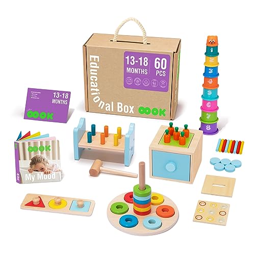 TOOKYLAND Montessori Toys for 1 Year Old, 8 in 1 Learning Educational Set Wooden Toys (Includes Stacking Cups, 3 in 1 Educational Box, Pound Bench, TOOKYLAND
