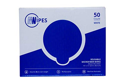 Microfiber Rags in A Box (50 Count) - Mwipes - 10" x 12" Reusable Wipes for Cleaning - Edgeless Terry Towels, Shop Rags, Wash, Dust, Disposable,