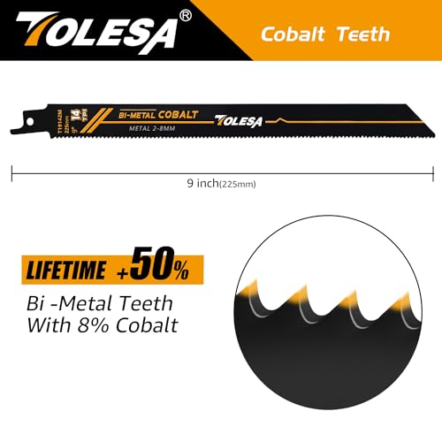 TOLESA Heavy Metal Cutting Reciprocating Saw Blades 9 Inch 14TPI Sawzall Blades for Metal Pipe, Sheet Metal, Rebar, Bi-Metal Sabre Saw Blades Better TOLESA