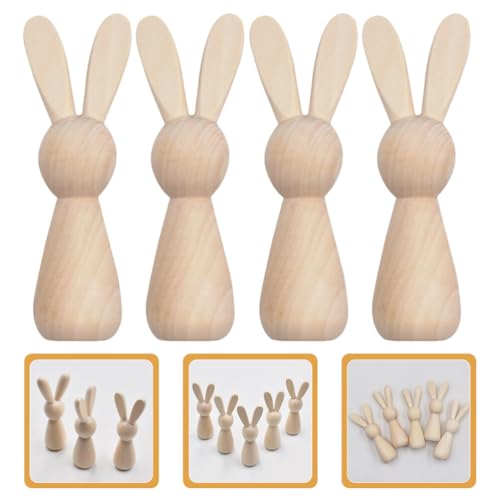 ABOOFAN Unfinished Wooden Bunny,4pcs Blank Wood Rabbit Peg Doll Figure Cutout Table Statue Model Desktop Centerpiece for Kids DIY Painting Home