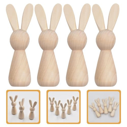 ABOOFAN Unfinished Wooden Bunny,4pcs Blank Wood Rabbit Peg Doll Figure Cutout Table Statue Model Desktop Centerpiece for Kids DIY Painting Home