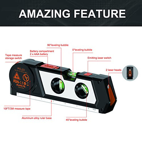 Laser Level Line Tool, 4 in 1 Multipurpose Standard Cross Line Laser Level, 10ft/3M Measure Tape Ruler, 3 Mode Laser Line,3 leveling bubble and Ruler Ayitam