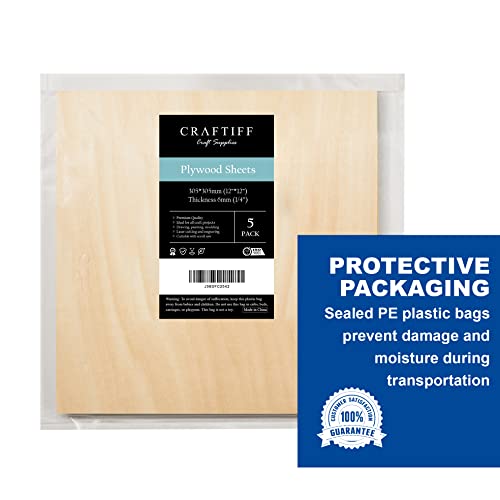 Plywood Sheet Board Squares, A Grade, 12 x 12 inch, 1/4 inch Thick, Pack of 5 Unfinished Wood for Crafts Basswood by Craftiff Craftiff