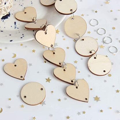 Qililandiy 200 Pcs Wooden Ornaments Heart Tags with Holes and 12mm Ring Circle Hook Connectors for Chrstmas Birthday Boards, Valentine, Chore Boards