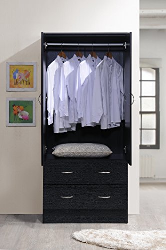 HODEDAH 2 Door Wood Wardrobe Bedroom Closet with Clothing Rod inside Cabinet and 2 Drawers for Storage, Black Hodedah