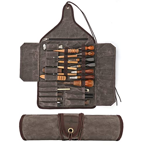 TOURBON Waxed Canvas Tool Roll Up Bag, 25-Pocket Wood Carving Chisel Carrying Case, Multi-Purpose Tool Pouch with Zipped Compartments TOURBON