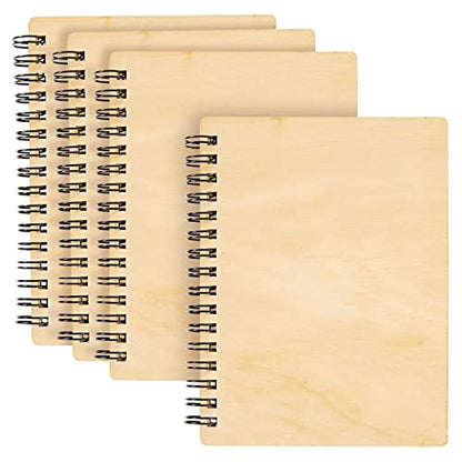 4 Pack Wooden Cover Notebook, Spiral Bound Unruled Plain DIY Craft Journal for Students, Sketches, Writing, Arts and Crafts, Note Taking, 20 Sheets - WoodArtSupply