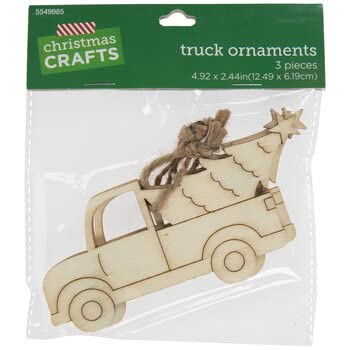 3 Truck Carrying Christmas Tree Ornaments - Wood Unfinished Shape - DIY Wooden Christmas Cutout Decoration - WoodArtSupply