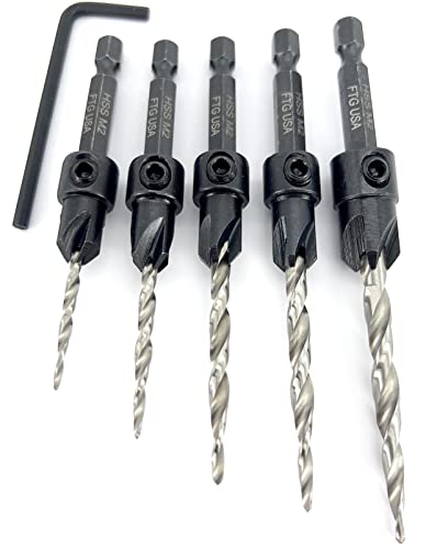 FTG USA Countersink Drill Bit Set 5 Pc Countersink Drill Bit #4#6#8#10#12 Tapered Drill Bits for Woodworking with Improved Countersink Connection - WoodArtSupply