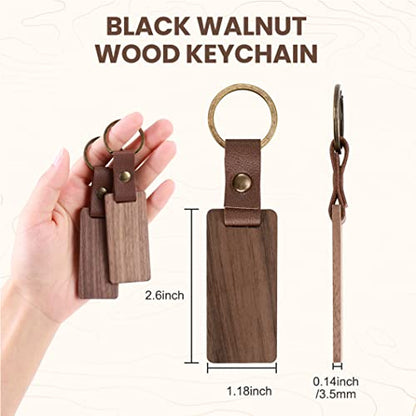 Auihiay 25 Pieces Leather Wood Keychain Blank, Wooden Keychain Blanks with Leather Strap, Unfinished Wooden Keychains for Laser Engraving, DIY