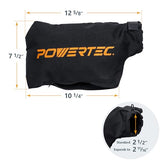 POWERTEC 75075 Miter Saw Dust Bag fits Nominal 2.5" Dust Ports, Expands to 2.687", Hook and Loop Dust Collector Bag with Zipper and Wired Adjustable POWERTEC
