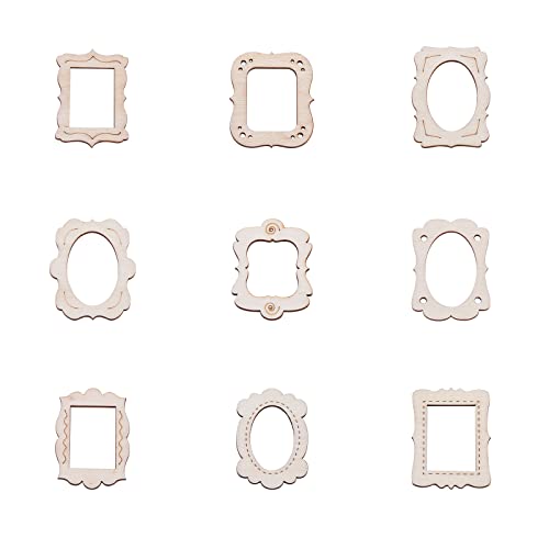 KitBeads 50pcs Random Mini Photo Picture Frame Unfinished Wood Ornaments Vintage Photo Frame Laser Cut Wood Craft Embellishments for DIY Painting