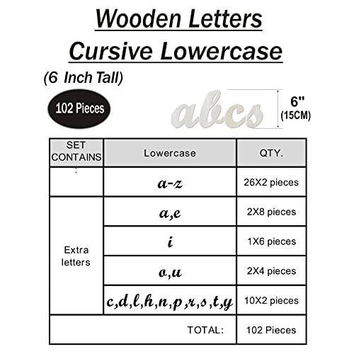 3.7 to 6 Inch 102 Pieces Wood Letters Cursive Lowercase Unfinished Thin Wooden Alpabets a-z for Crafts - WoodArtSupply