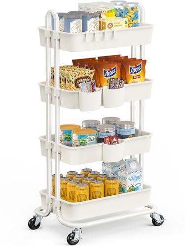Pipishell 4-Tier Rolling Cart, Utility Cart with Lockable Casters, PP Plastic Storage Baskets, Hanging Cups & Hooks, Rolling Cart for Living Room, Bedroom, Kitchen, Bathroom, Art Studio(White)