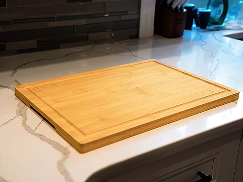 Bamboo Cutting Board for Kitchen, 18" Large Wood Charcuterie Cheese Board, Wooden Chopping Block with Side Handles and Juice Grooves Allsum