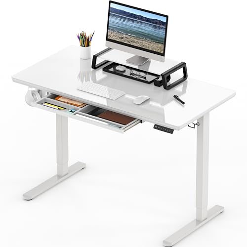 SHW 48-Inch Glass Electric Height Adjustable Desk with Monitor Riser and Drawer, White SHW