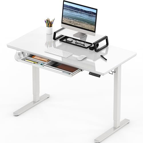 SHW 48-Inch Glass Electric Height Adjustable Desk with Monitor Riser and Drawer, White - WoodArtSupply