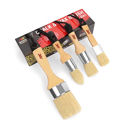 Chalk Wax Paint Brush 4PCs Set Including 3 Small Paint Brushes for Furniture Painting and 1 Large Chalk Brush, Bristle Paint Brushes Set Compatible MODERN ART SUPPLIES A PRODUCT OF SMARTVISION CO