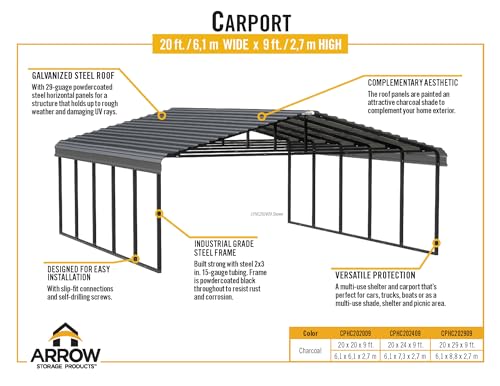 Arrow Carports Galvanized Steel Carport, Double Car Metal Carport Kit, 20' x 20' x 9', Charcoal - WoodArtSupply