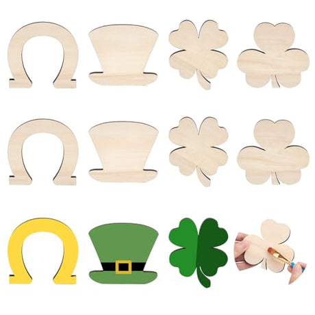 MAYJOYDIY 8pcs Shamrock Wooden Cutouts Unfinished Wood Shamrock Clover Cutouts Shamrock/Horseshoe/Four Clover/Hat Ornaments for DIY Craft Art MAYJOYDIY