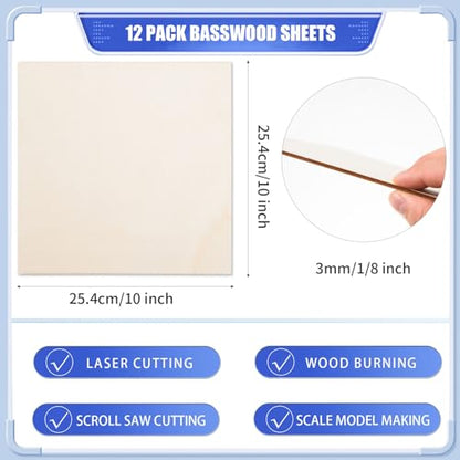 12 Pack Basswood Plywood Sheets 8x8x1/8 Inch-3 mm Thick Unfinished Plywood Sheets Thin Basswood Boards Square Craft Wood Sheets for DIY Crafts, Laser