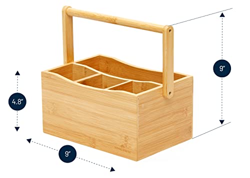 RoyalHouse Natural Bamboo Utensil Holder And Organizer For Kitchen Countertop, Bamboo Picnic Basket With Folding Handle for Camping Trip