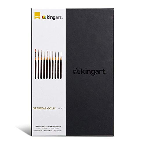 KINGART Original Gold Miniature Detail Series, Comfort Handle, Premium Golden Taklon, Multimedia Artist Brushes, Gift Box, Set of 10, Acrylic Handle, KINGART