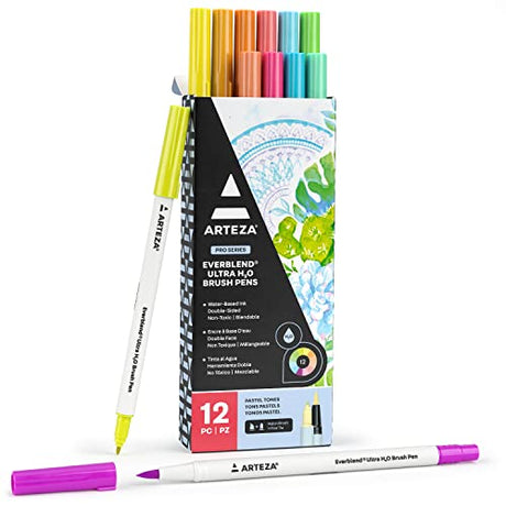 ARTEZA Dual Tip Brush Pens, 12 Pastel Colors, Watercolor Calligraphy Markers, Nylon Brush and Fine Tip, Water-Based Ink, for Illustration, Lettering ARTEZA