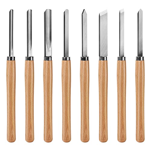 HAUTMEC Professional Wood Turning Chisel 8 pcs Set, Lathe Chisel Set with 2 Skew 1 Spear Point 1 Parting 1 Round Nose & 3 Gouge Tools for Beginners, HAUTMEC