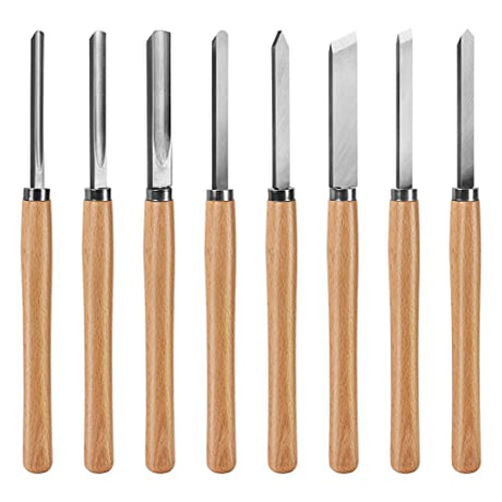 HAUTMEC Professional Wood Turning Chisel 8 pcs Set, Lathe Chisel Set with 2 Skew 1 Spear Point 1 Parting 1 Round Nose & 3 Gouge Tools for Beginners, HAUTMEC