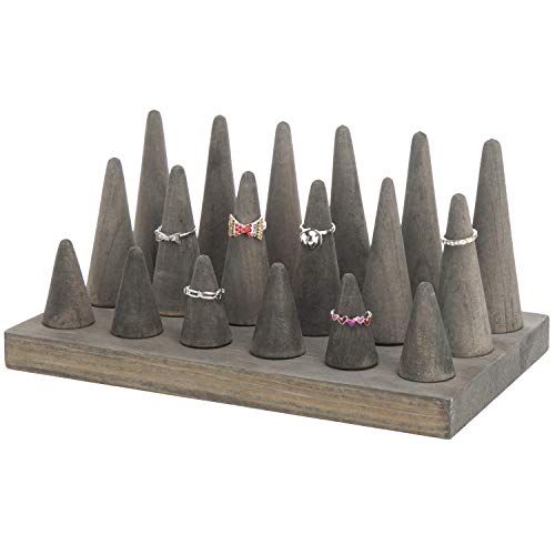 MyGift Vintage Gray Wood Ring Holder for Jewelry Tray, 18-Cone Organizer Peg Board Hand Ring Holder