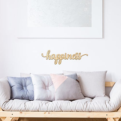 Woodums – Happiness Script Wooden Wall Art Decor, Unfinished Wood Sign for Family Room Decor, Charlie Script Letter Wood Cutout, 12 x 4 Inches Wall