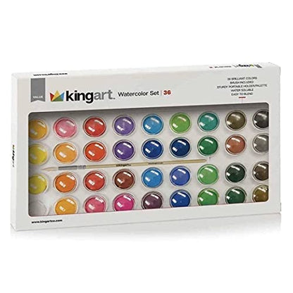 KINGART 511-36 W/Brush, Set of 36 Watercolor Paint Set, Assorted 36 Piece - WoodArtSupply