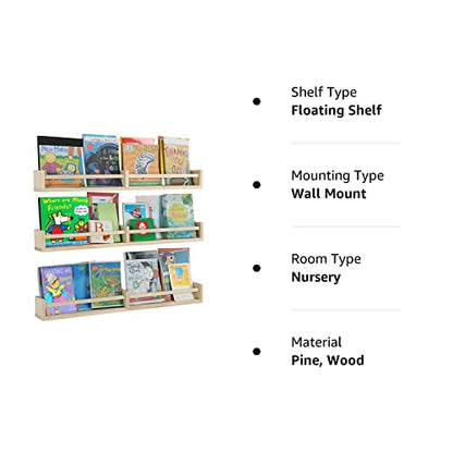 Austin yan Nursery Bookshelves Wall Mounted，32inch，Set of 3, Wood Floating Wall Bookshelf for Kids,Natural Wood Color,Hanging Shelf for Baby Nursery