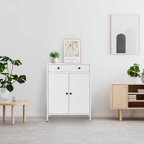 YEEZER Metal Storage Cabinet, Multipurpose Storage Cabinet and 1 Drawer, 2-Tier Office Cabinet for Home, Living Room, Gym, Apartment (White) YEEZER