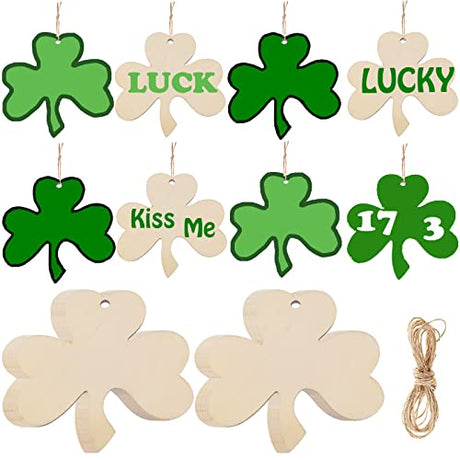 30 Pieces Unfinished Wooden Shamrock Ornaments DIY Wood Shamrock Clover Cutouts St. Patrick's Day Hanging Embellishments with Ropes for St. Patrick's LOKESI