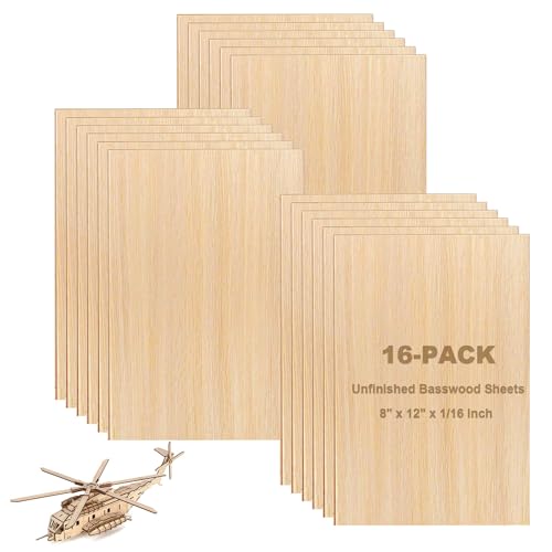 RHBLME 16 Pack 8" x 12" Basswood Sheets, 1/16 Thin Balsa Wood, Unfinishd Plywood Sheets for Laser Cutting, Crafts, Model Making, Wood Burning