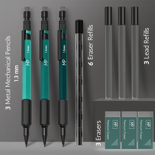 Mr. Pen- Metal Mechanical Pencils Set with Lead and Eraser Refills, 3 Pack, 1.3 mm Mechanical Pencil Metal, Metal Mechanical Pencil for Sketching, Mr. Pen