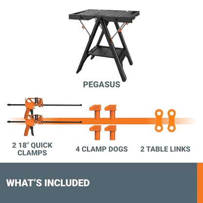 Worx Pegasus 2-in-1 Folding Work Table & Sawhorse, Easy Setup Portable Workbench, 31" W x 25" D x 32" H Lightweight Worktable with Heavy-Duty Load