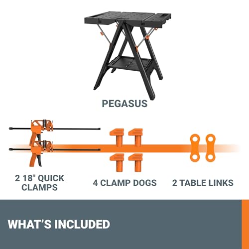 Worx Pegasus 2-in-1 Folding Work Table & Sawhorse, Easy Setup Portable Workbench, 31" W x 25" D x 32" H Lightweight Worktable with Heavy-Duty Load WORX