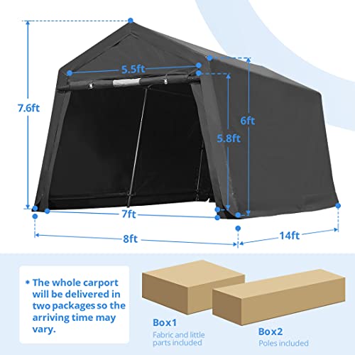ADVANCE OUTDOOR 8X14 ft Steel Metal Peak Roof Anti-Snow Portable Garage Shelter Storage Shed Carport for Motorcycle Bike or Garden Tools with 2 Roll ADVANCE OUTDOOR