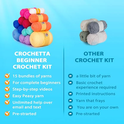Crochetta Crochet Kit for Beginners, Crochet Kit Step-by-Step Video Tutorials, Crochet Starter Kit Learn to Crochet Kits for Adults Kids Beginners,