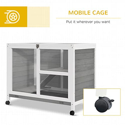 PawHut Indoor Rabbit Hutch with Wheels, Desk and Side Table Sized, Wood Rabbit Cage, Waterproof Small Rabbit Cage, Gray - WoodArtSupply