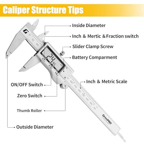 GRENPRO Digital Caliper,6 Inches Electronic Digital Vernier Caliper Measuring Tool,All Metal Micrometer Vernier Caliper with Huge LED Screen for GRENPRO
