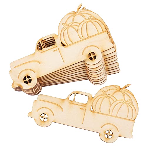 Pack of 12 Unfinished Wood Fall Pickup Trucks - Made in USA - Harvest Pumpkin Truck Wooden Shapes for Autumn, Thanksgiving Halloween, Decorations, Factory Direct Craft